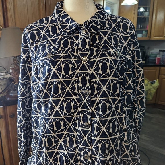 Christopher & Banks womens denim blazer jacket geometric blue white size XL - Picture 1 of 9